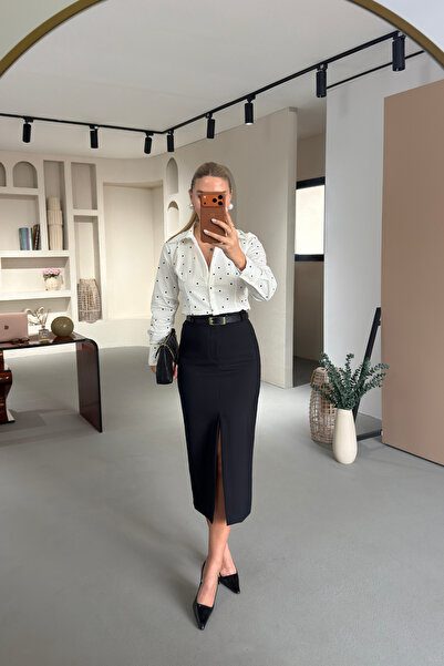 Sezgi Tekin Black Pencil Skirt with Belted Front Slit Detail