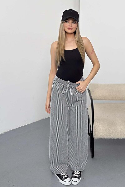 GİYSA Women's Elastic Waist Wide Leg Striped Trousers Black - 26Y 5004