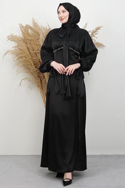 Perla Satin Evening Dress Black