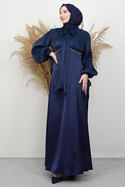Perla Satin Evening Dress Navy Blue