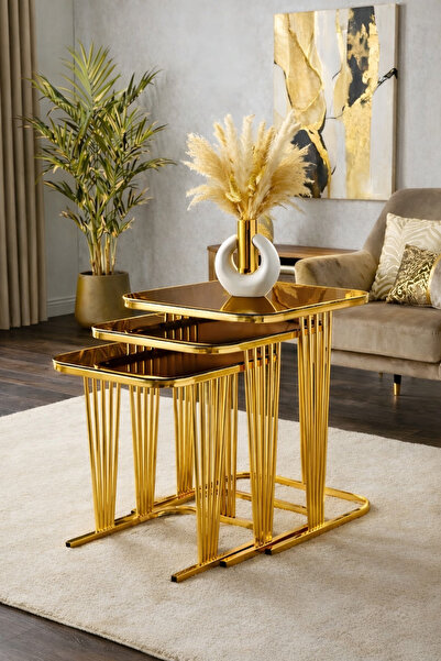 ARS Home zigon sehpa 3’lü zigon sehpa bronz cam sehpa GOLD sehpa modern sehpa...