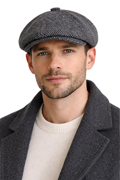 CosmoOutlet Men's Herringbone Gray Wool Cap Classic Newsboy Style, Comfortabl...