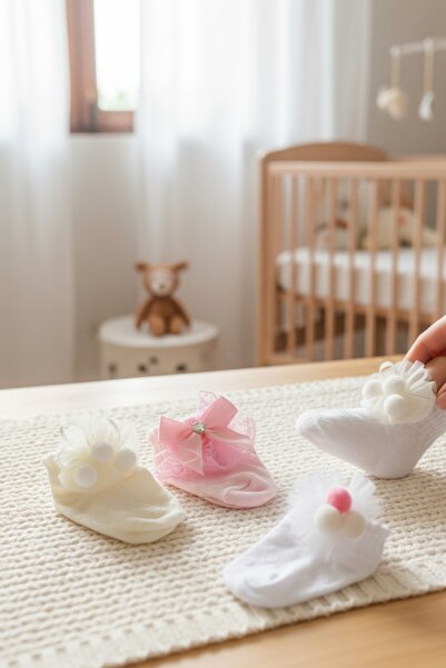 İbrahim Berk 3 Çift Kız Bebek Çocuk Renkli, Bilekleri Desenli Patik Çorap