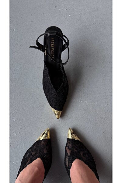 Eataly Shoes Black Icon Stiletto cu dantelă neagră și curea la gleznă