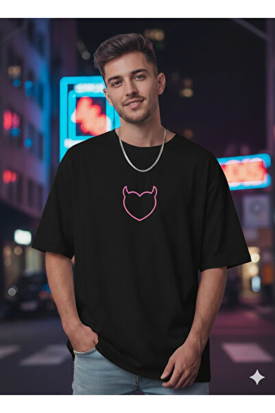 WOODROFFE Men's Devil Horned Heart Printed Oversize T-Shirt Loose Fit