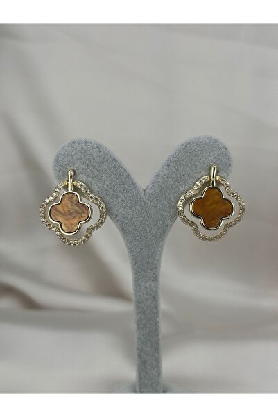 ZS Aksesuar Yonca Model Taş Detaylı Altın Renk Kadın Küpe