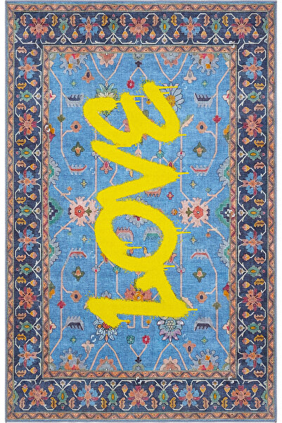 Cool Halı Daisy Mavi Halı Makinede Yıkanabilir Çiçekli Dokuma Şönil Halı Etni...