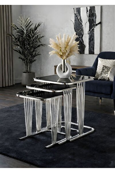 ARS Home zigon sehpa 3’lü sehpa gümüş sehpa füme cam sehpa modern sehpa, iç i...