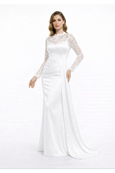 GÜZELLER Satin Fish Model Long Sleeve Top Lace Wedding Engagement Promise Dre...