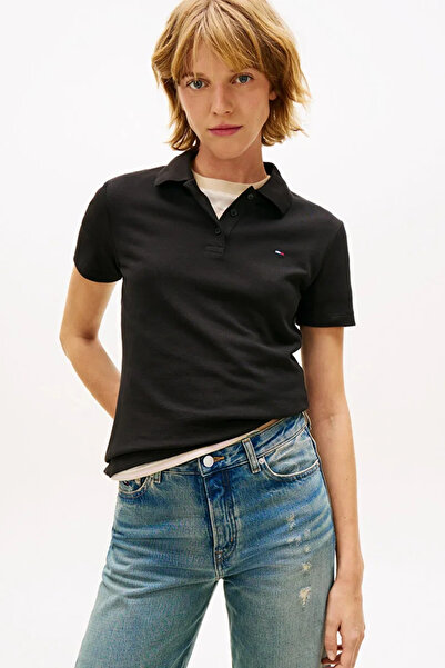 Tommy Hilfiger Tricou polo negru pentru femei TJW Slim Fit Essential cu guler...