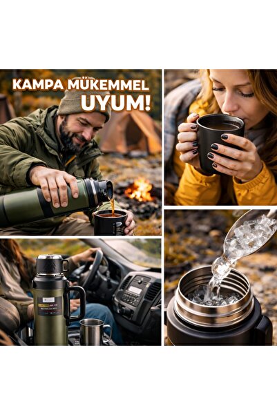 Polham 2 Litre Kamp Termosu–24 Saat Sıcak/36 Saat Soğuk, 316L Paslanmaz Çelik, Bardaklı ve Süzgeçli