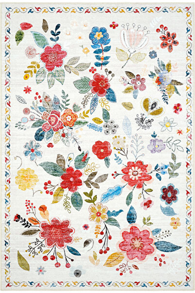 Cool Halı Daisy Beyaz Renkli Bohem Halı Makinede Yıkanabilen Çiçekli Dokuma Ş...