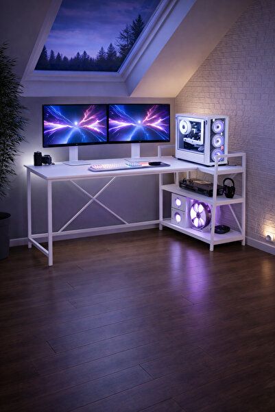 Flinder Beyaz Çift Yön Kullanıma Uygun, Raflı Gaming Oyuncu Masası, Bilgisaya...