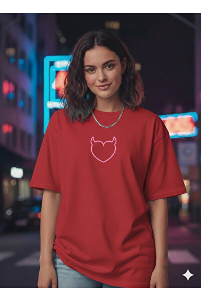 WOODROFFE Women's Devil Horned Heart Printed Oversize T-Shirt Loose Fit