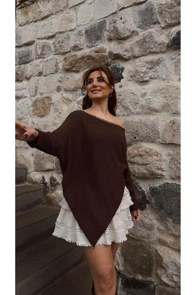 Fistan Byn Melisa Yaka Taşlı Kazak Kahve