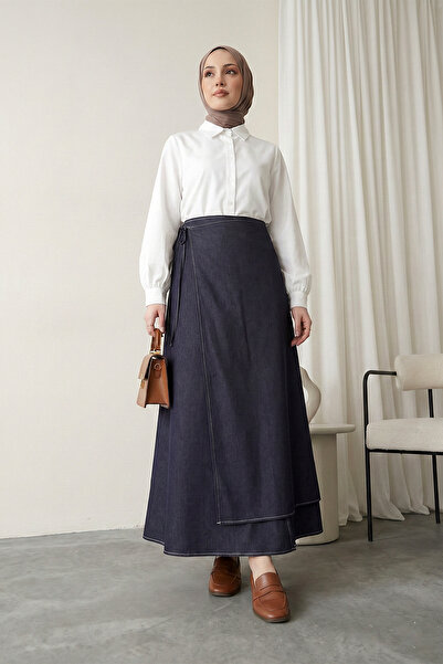 MODAQU Side Tie Zipper Double Layer Denim Skirt Dark Purple