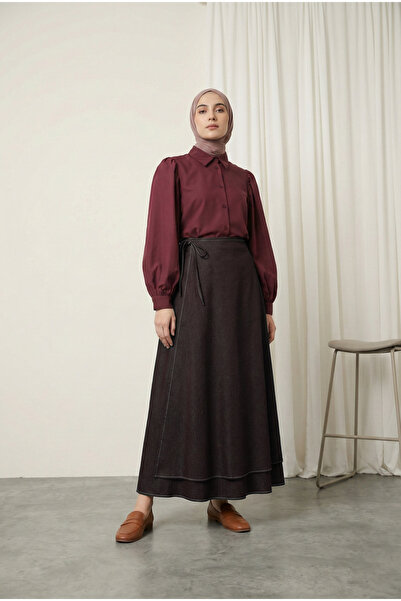 MODAQU Side Tie Zipper Double Layer Denim Skirt Brown