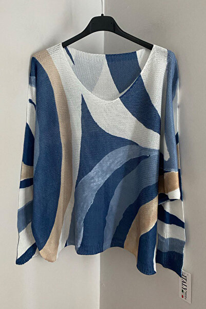 AYASOFYA OTANTIK Women's Italian White Navy Blue V-Neck Vintage Abstract Patt...