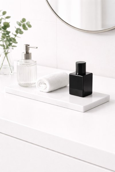 Marbello Minimal White Marble Tray 35X10 cm – 1.3 cm Thin Profile Vanity & Bathroom Organizer