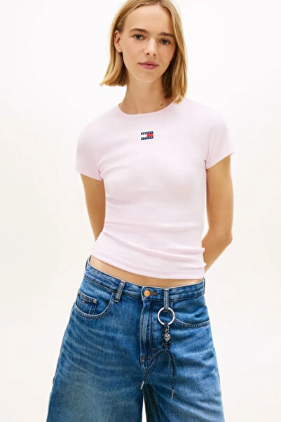 Tommy Hilfiger Tjw Slim Fit Emblem Ribbed Women's Pink T-Shirt Dw0Dw17881Tn9