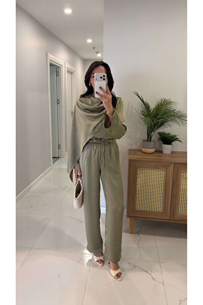 BİRCANÇİL Miossa Khaki Satin Shawl Blouse and Pants Set
