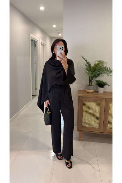 BİRCANÇİL Miossa Black Satin Shawl Blouse and Pants Set