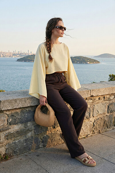 Lela Cotton Tied Relaxed Fit High Waist Wide Leg Muslin Trousers Pants 5866663