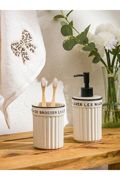 LC Waikiki Lcw Home Mixed Printed Ceramic Liquid Soap Dispenser and Toothbrus...