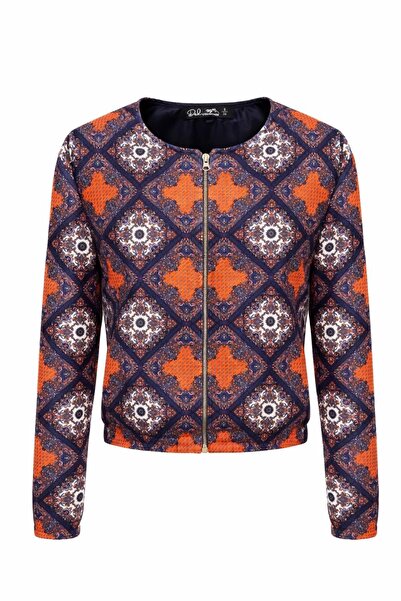 Ded COLLECTION Women's Orange Navy Blue Ethnic Geometric Patterned Scuba Fabric Bomber Jacket