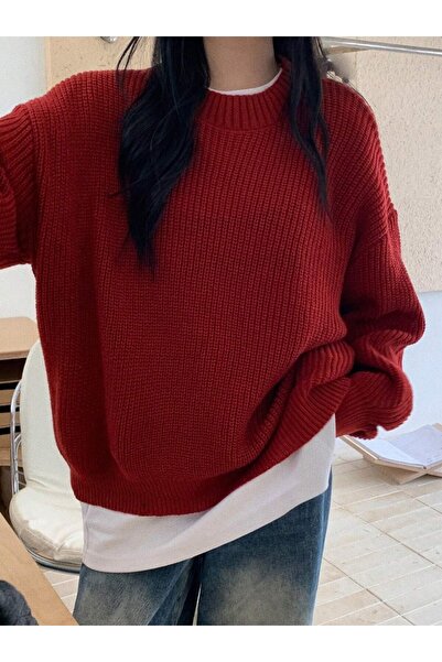 Dier Moda Women's Thessaloniki Knitted Red Oversize Sweater, Women's Sweater