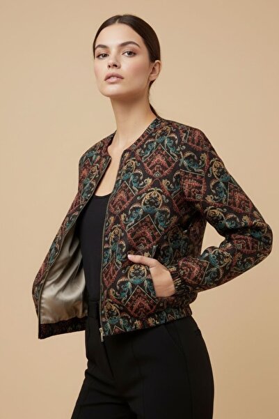 Ded COLLECTION Women's Green Red Ethnic Patterned Scuba Fabric Bomber Lined J...