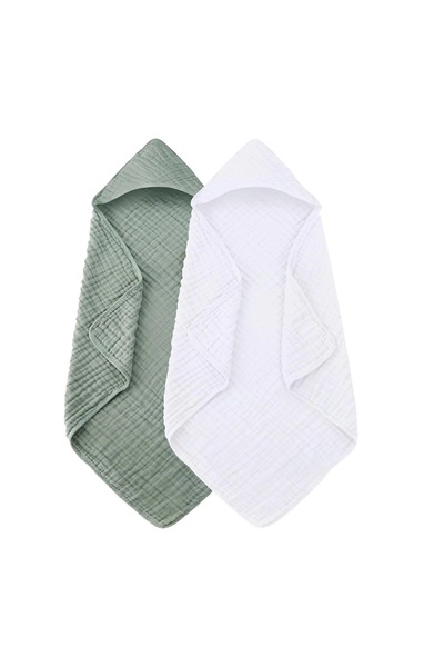 REDQUIT Set of 2x REDQUIT® Muslin Hooded Bath Towel for Babies 80x80cm, White...