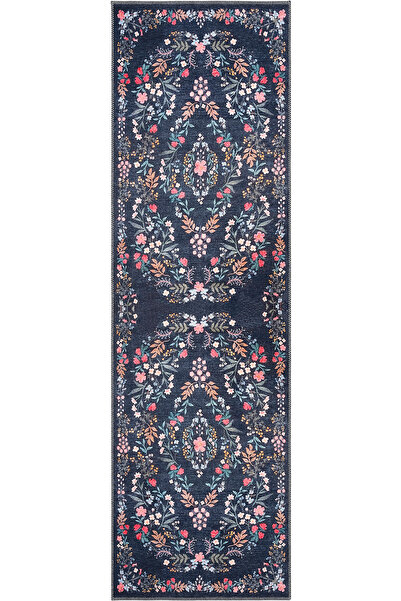 Cool Halı Daisy Lacivert Çiçekli Eskitme Retro Vintage Halı Yıkanabilir Rusti...