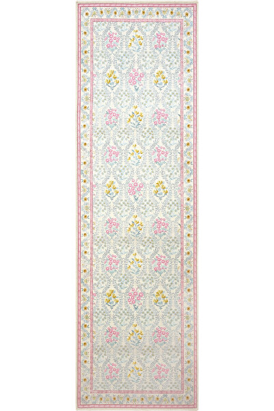 Cool Halı Daisy Krem Pembe Yolluk Bohem Vintage Renkli Çiçek Desen Yıkanabili...