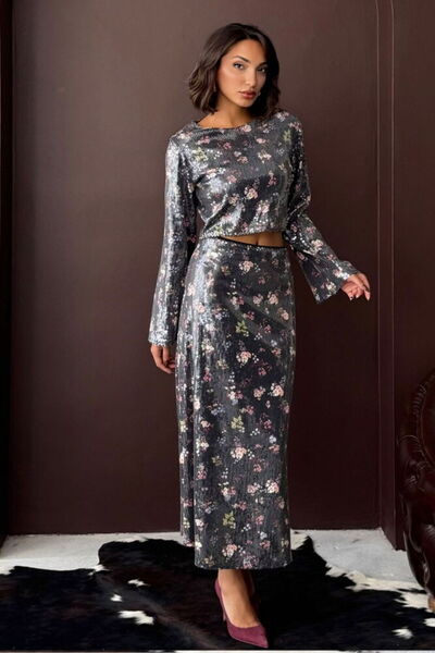 Caddebostan Moda Floral Print Sequined Long Skirt Stylish and Modern Design