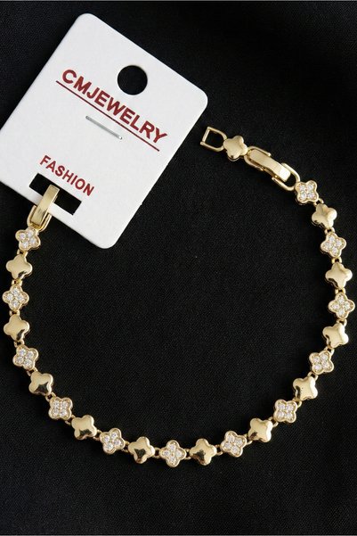 Modacaprea CM 14K Çiçekli Taşlı Yıldızlı Kadın Bileklik – 17+2 cm | Altın Ren...