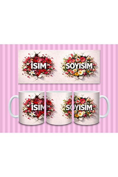 Evion Kişiye Özel Çiçekli İsim Soyisimli Kupa Bardak 330 ml | 3D Çiçekli Özel...
