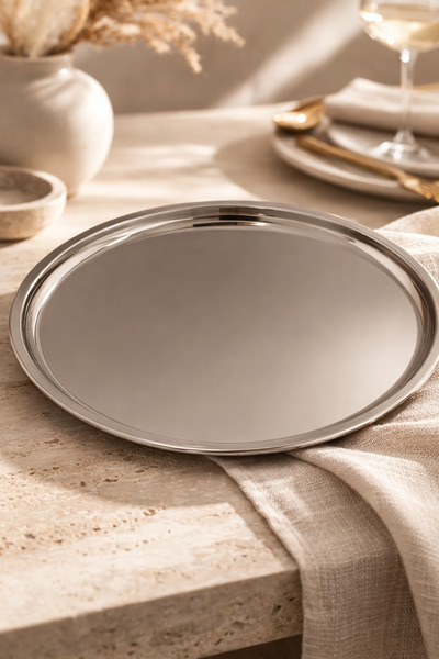 DİVAYS 31 cm Stainless Steel Silver Presentation Plate and Serving Tray Set