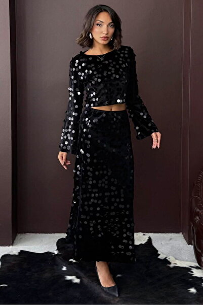 Caddebostan Moda Sequined Velvet Long Skirt Stylish Evening and Event Skirt