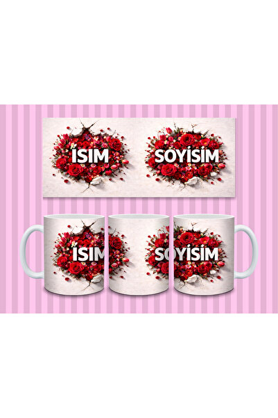 Evion Kişiye Özel Çiçekli İsim Soyisimli Kupa Bardak 330 ml | 3D Çiçekli Özel...