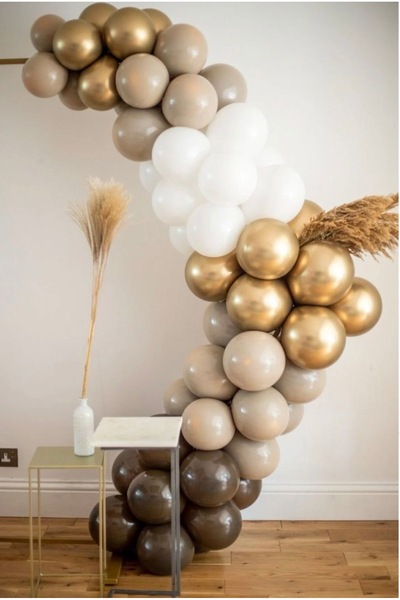 Çemrek Süs Parti Chocolate Brown Sea Sand White Gold Chrome Balloon Chain Set...