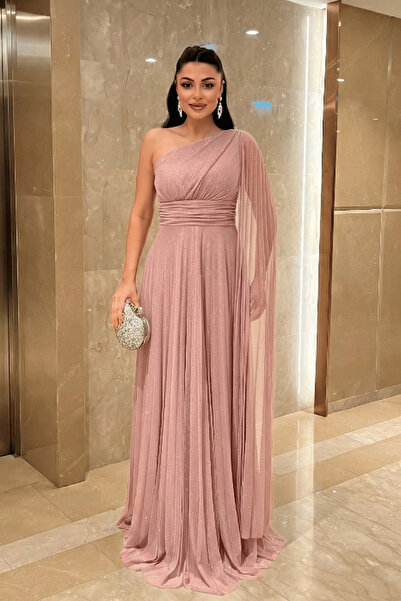 giyimmasalı Rochie de seara din tul cu sclipici si detalii pliate - PUDRA