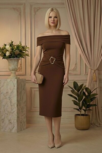 moddosa fashion Women's Madonna Collar Accessory and Drawstring Detailed Midi...