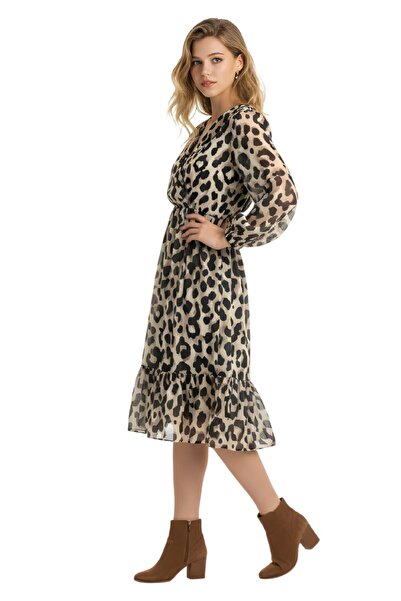QUB CLUB Women's Ruffle Leopard Print Long Sleeve Dress