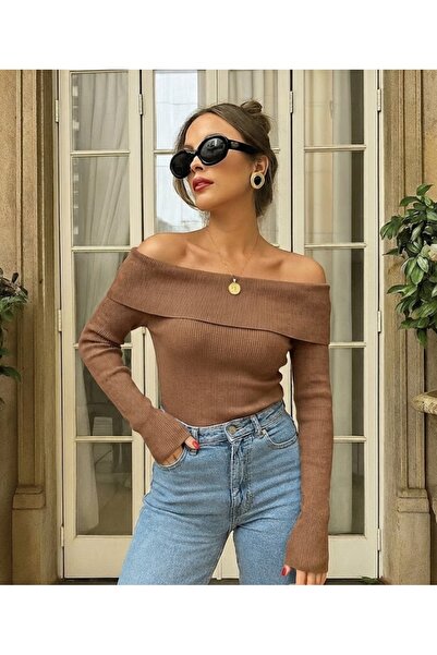CELİORA STYLE Women's Boat Neck Off Shoulder Ribbed Knitwear Blouse Long Slee...