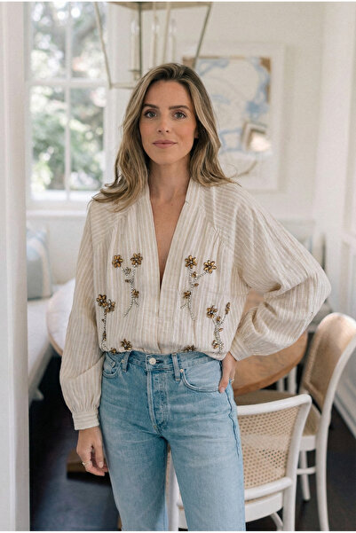 FEMELLE Women's Natur Standard Size Kimono with Stone Embroidery on the Front