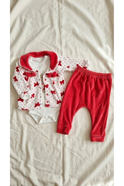 Sabi Baby Girl Soft Textured Teddy Bear Figured Jacket 3-Piece Velvet Set