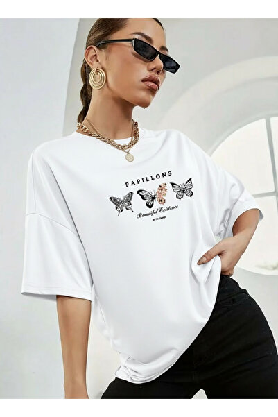ship master Λευκό γυναικείο βαμβακερό μπλουζάκι με στάμπα πεταλούδας, υπερμεγ...