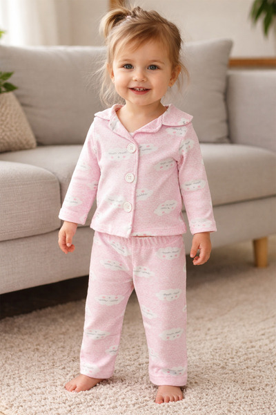 ADABEBEK %100 Pamuk Düğmeli Desenli Pijama Takımı