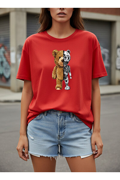 ship master Red Women's Teddy Bear Robot Printed Cotton T-Shirt Oversize Unis...